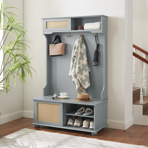 English Elm Clothes Hanger Hall Tree Storage Bench Shoe Rack For Entryway, Hall Tree With Bench and Shoe Storage, Hall Tree Entryway Bench With Rattan Door Gray, 40.16"W*18.58"D*64.17"H