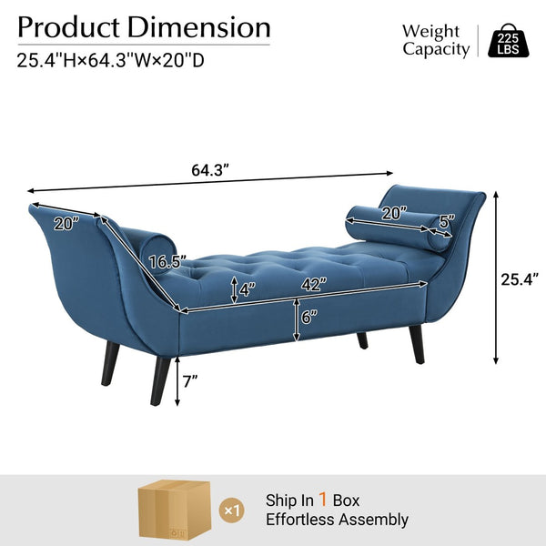 English Elm Upholstered Velvet Tufted Bench with Bolster Pillows Solid Oak Legs Bedroom Entryway Blue N761P304407C