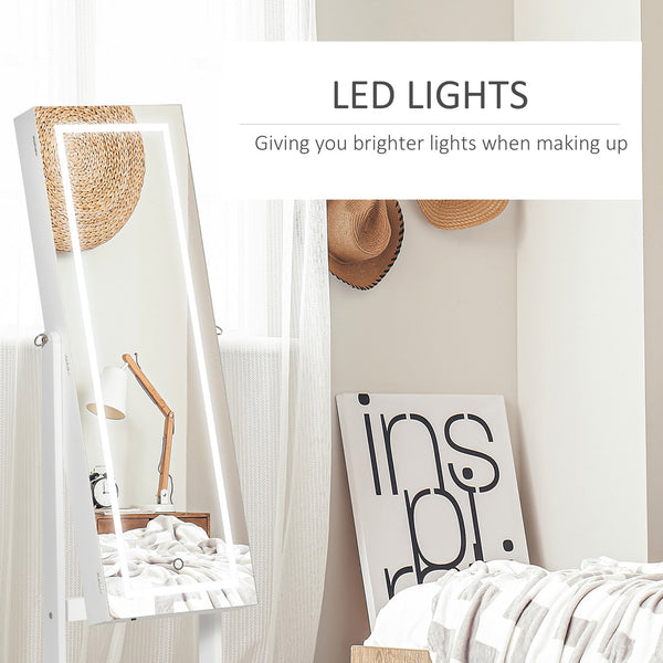 English Elm HOMCOM Lockable Floor Jewelry Armoire with LED Lights, Full-Length Mirror, 100+ Slots & Shelves White W2225P217021