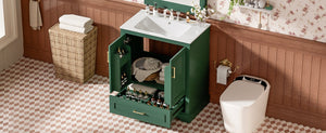English Elm 30" Modern Bathroom Vanity with Ceramic Sink, Soft-Close Doors, Divided Drawer & Dual Door Shelves Green N729P321376F