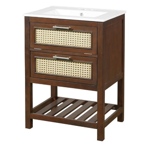 English Elm 24" Rattan Front Bathroom Vanity with Ceramic Sink Deep Drawer Storage Mdf Cabinet Dark Brown N710P293990P