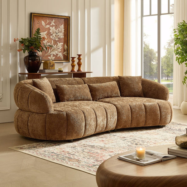 English Elm 102.36 Inch Curved Boucle Sectional Sofa Four Seat Mid Century Modern Living Room Brown W2582S00188
