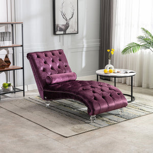English Elm Velvet Curved Chaise Lounge Sofa with Button-Tufted Back, Thick Foam Comfort and Acrylic Legs for Living Room Relaxation Purple W39538679