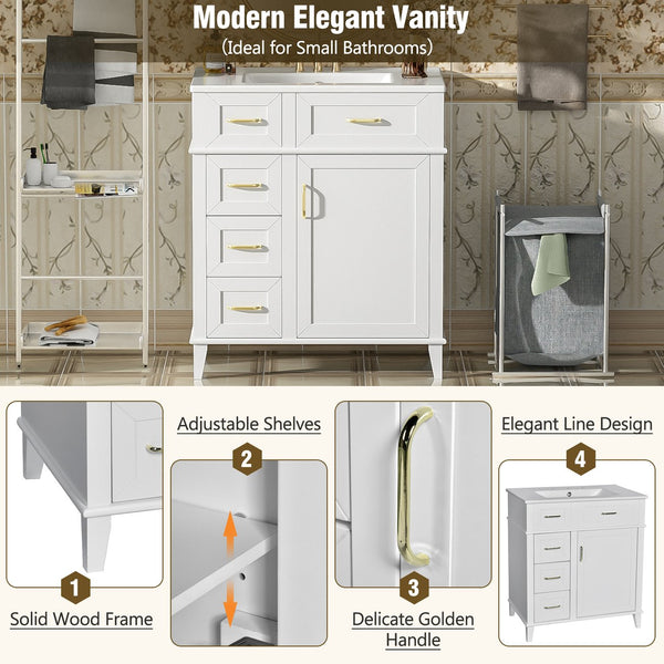 English Elm 30-Inch Bathroom Vanity with Ceramic Sink, Gold Handles, Solid Wood Frame and Soft-Close Drawers White N729P195052K