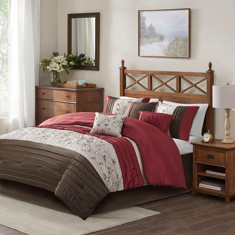 JLA Home Madison Park - Embroidered 7-Piece Comforter Set with Dupioni Sheen, Color-Blocked Taupe & Chocolate Accents, Floral Embroidery Red MP10-307