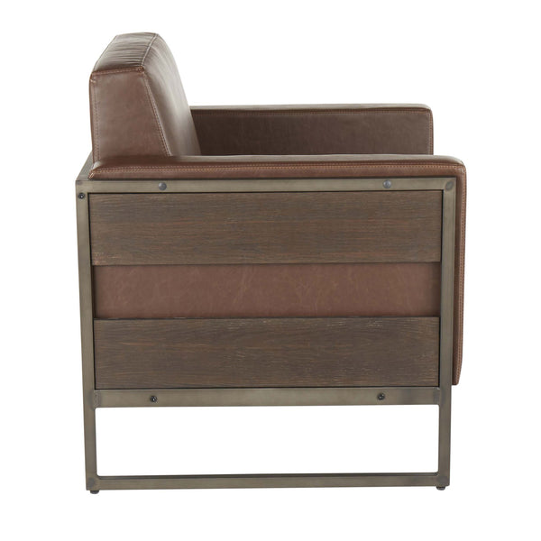 English Elm Drift Industrial Lounge Chair - Antique Metal Frame, Brown Faux Leather, Espresso Wood Accent, Cozy Comfort B202S01285