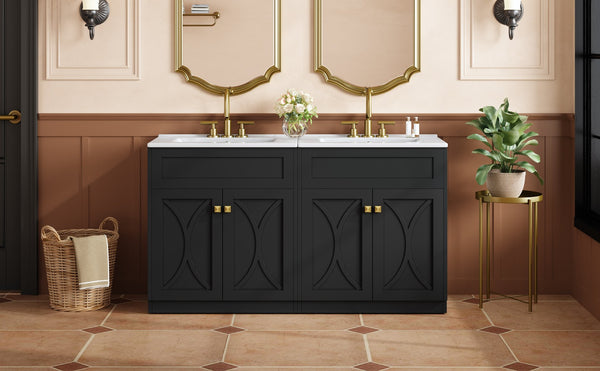 English Elm 60'' Bathroom Vanity Set With Ceramic Sink, Black Freestanding Cabinet, Gold Handles & Soft-Close Doors N710SS00005B