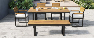 English Elm 6-piece Outdoor Acacia Wood Patio Dining Set with Cushioned Chairs Bench Steel Frame Beige N704G201255A