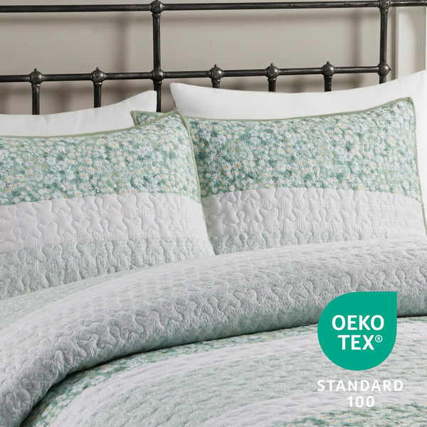 JLA Home Madison Park - 4 Seersucker Quilt Set with Floral & Botanical Prints, Hypoallergenic, Antimicrobial, Machine Washable Green MP13-8205