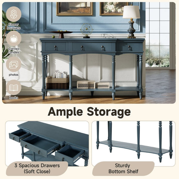 English Elm [video] Solid Pine Console Table Ornate Carved Legs Copper Hardware Soft-close Drawers Blue N759P433566C