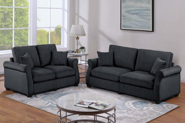 English Elm Black Corduroy Upholstered Sofa and Loveseat Set for Contemporary Living Rooms Black B011S02183