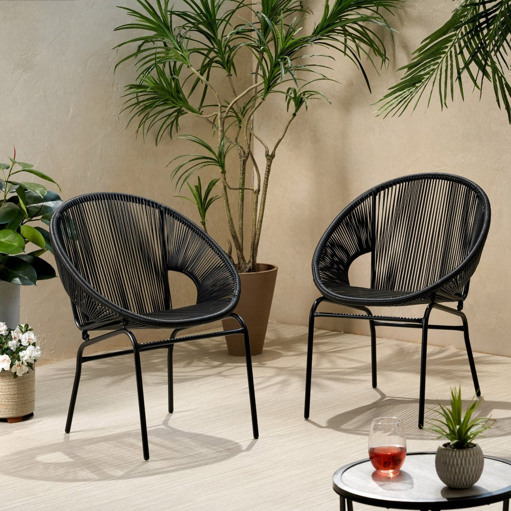 English Elm Nusa Outdoor Woven Rattan Basket Chair with Iron Legs for Modern Patio Spaces 66626.00BLK
