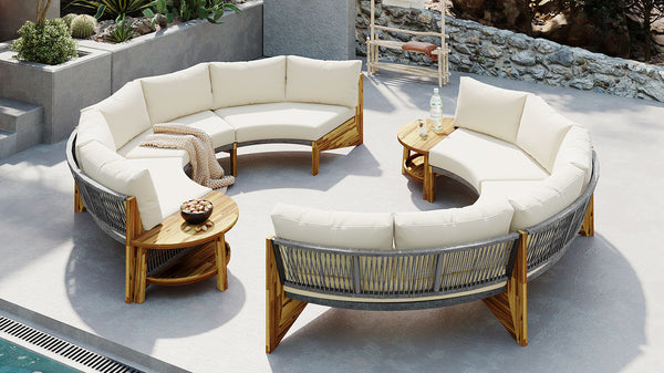 English Elm U_STYLE 6-Person Outdoor Seating Group with Acacia Coffee Table, Cushions, High-Density Foam Comfort Beige WY000428AAA