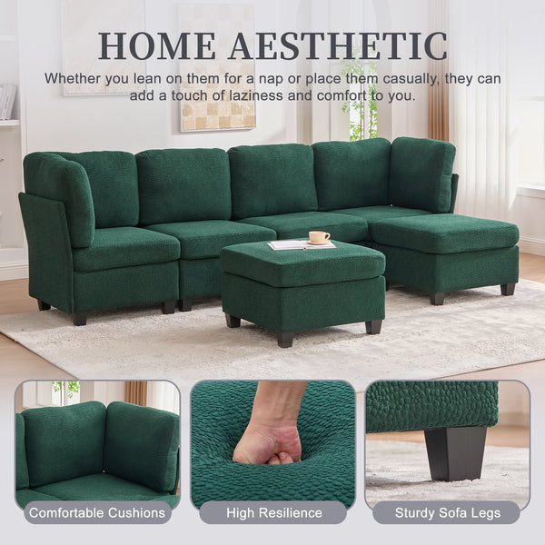 English Elm UNITED Modular 6-Seat Sectional Sofa with Removable Ottoman, Storage Compartments, Convertible Comfort Emerald W1568S00244