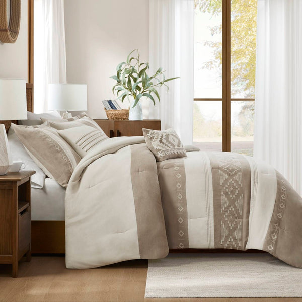 English Elm 5-piece Micro Suede Comforter Set with Geometric Embroidery for Full Queen Beds B035P408734