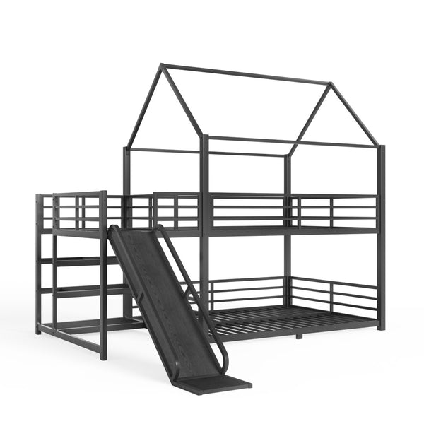 English Elm Twin House Bunk Bed with Slide Storage Stairs and Safety Rails for Kids Rooms W1580S00649