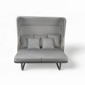 English Elm 57" Outdoor Patio Daybed with Retractable Sunshade Canopy, Rattan Accents, Water-Repellent Fabric, Durable Iron Frame Grey N719Z000150E