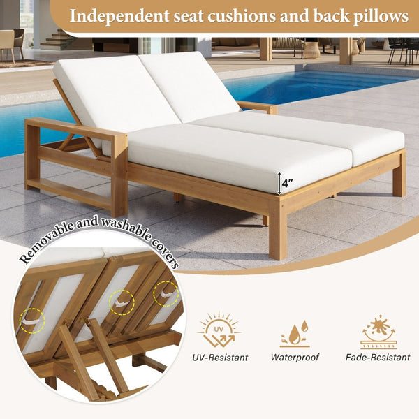 English Elm Trexm Outdoor Acacia Wood Double Chaise Lounge with Adjustable Backrests and Cushions Light Teak TM000031AAD