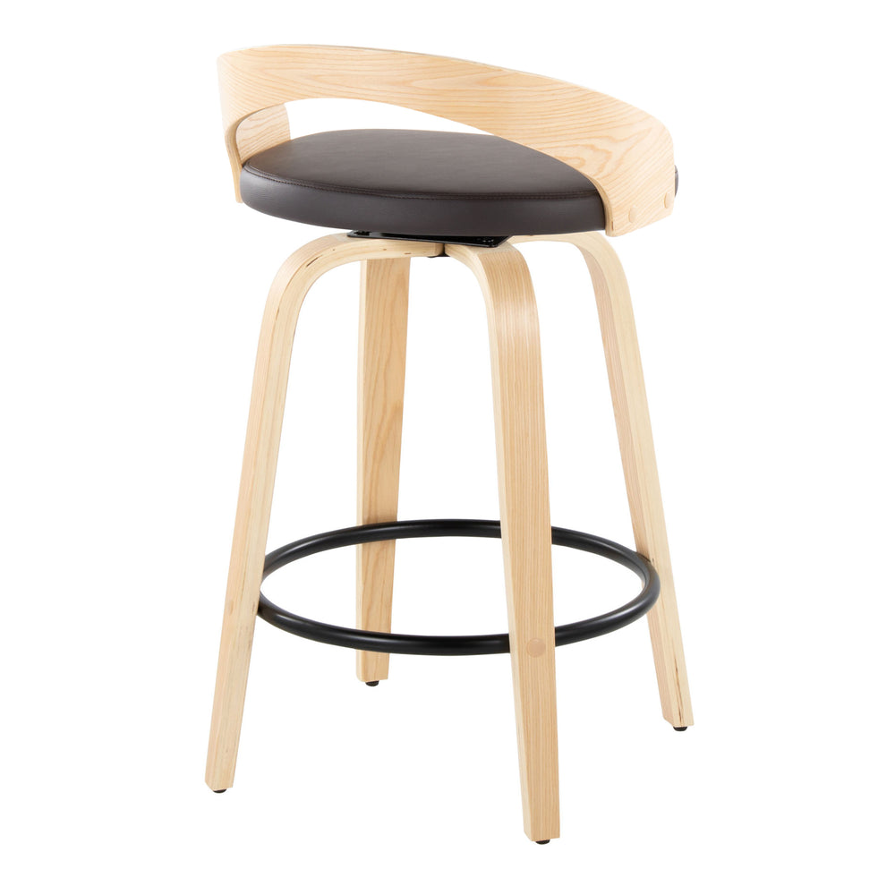 English Elm Grotto Mid-Century Counter Stool Set of 2 — 26" Swivel Faux Leather Upholstered Seat with Wood Legs and Round Metal Footrest Grey B202S00314