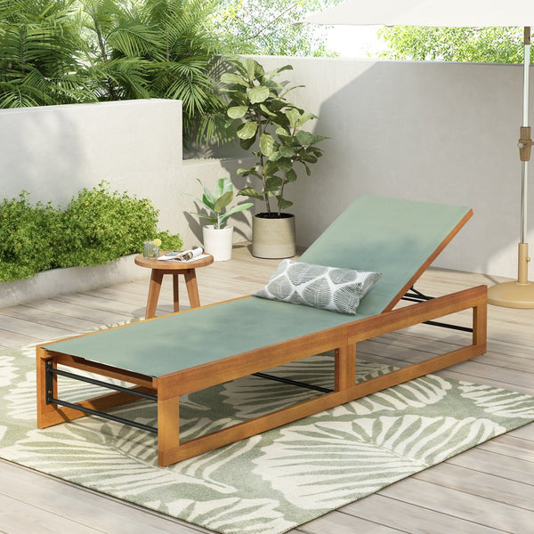 English Elm Christopher Knight Home® - MIA Acacia Wood Chaise Lounge with Breathable Textilene Mesh Seating for Cool, Durable Outdoor Relaxing Mint Green,Teak 50.5 L x 27.75 W x 10.25 H N776P301491M