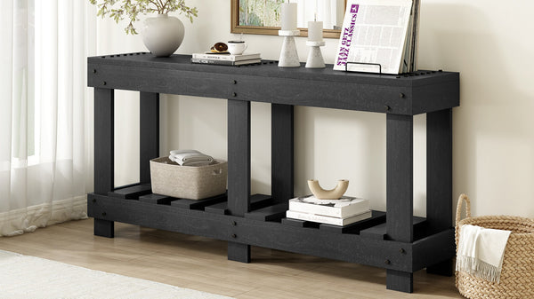 English Elm U_Style 62.9" Vintage Entryway Table - Solid Fir Wood With Rustic Design, 6 Legs & Ample Storage Space N711P289135B-GIGA