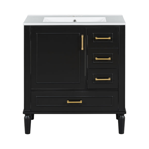 English Elm Traditional 30" Bathroom Vanity with Ceramic Basin, Soft-Close Door & Drawers, Gold Handles, Durable Wood Finish Black N729P184479B