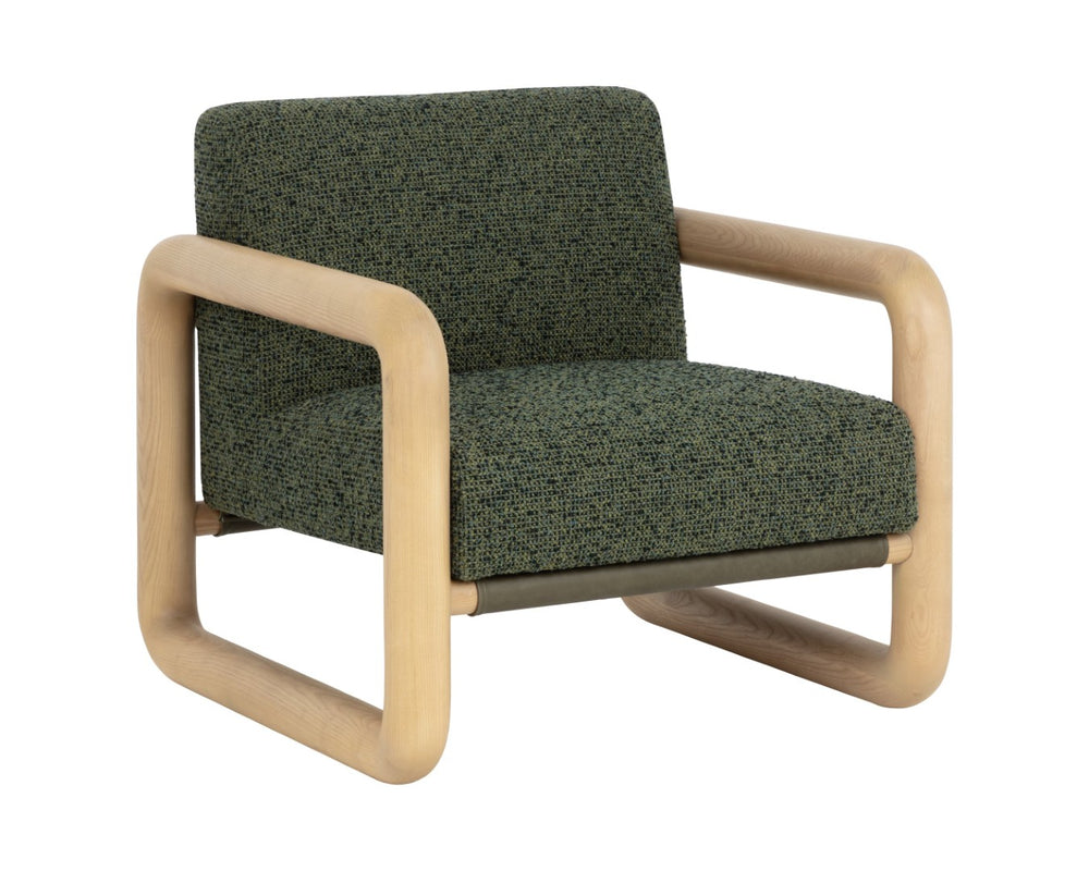 Sunpan NUBO Lounge Chair – Organic Ash Frame, Textured Noah Meadow Fabric & Dark Olive Leather Elegance 112676