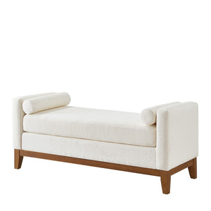 English Elm Large Boucle Upholstered Window Bench with Armrests and Throw Pillows for Entryway Ivory W2186P454317
