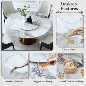 English Elm 59" Round Sintered Stone Dining Table with Lazy Susan Seats 6 Modern Minimalist W2699S00098