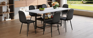 English Elm Table And Chair Set - Modern 71" White Grain Dining Table With Storage & 6 Black Pu Upholstered Chairs W1151S04265-GIGA