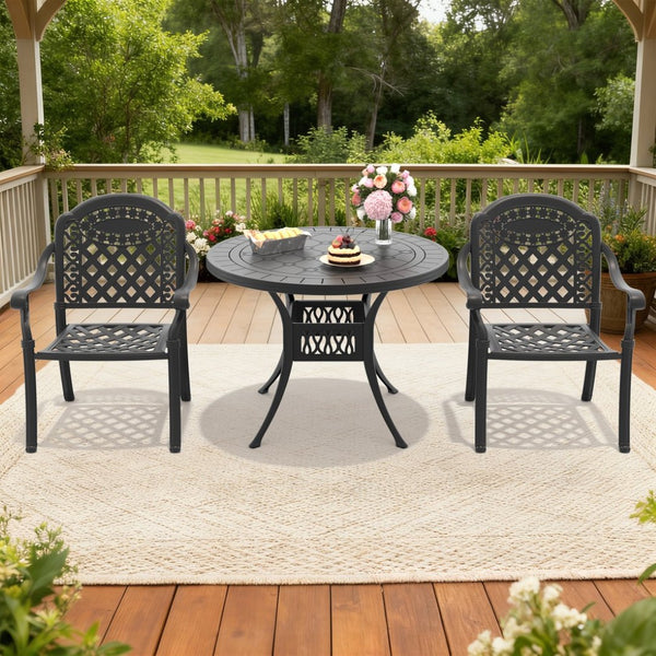 English Elm 3-piece Cast Aluminum Bistro Set Ornate Carved Outdoor Patio Dining with Cushions W1710S00630