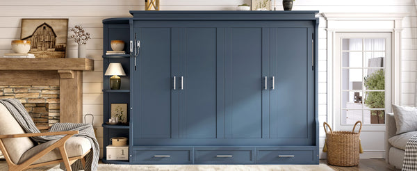 English Elm Queen Murphy Wall Bed with Side Cabinets Open Shelving and Drawers for Studio Rooms Blue W1580S00453