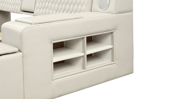 English Elm ZOYA Smart King Bed with Remote Massage Chaise, Bluetooth Speakers, USB Charging, Storage, Beige B009S01665