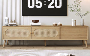 English Elm Boho Rattan-Style TV Stand for TVs up to 80" — Modern Farmhouse Media Console with Storage Drawer and Cable Management N710P222775P