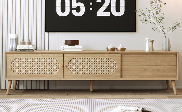 English Elm Boho Rattan-Style TV Stand for TVs up to 80" — Modern Farmhouse Media Console with Storage Drawer and Cable Management N710P222775P