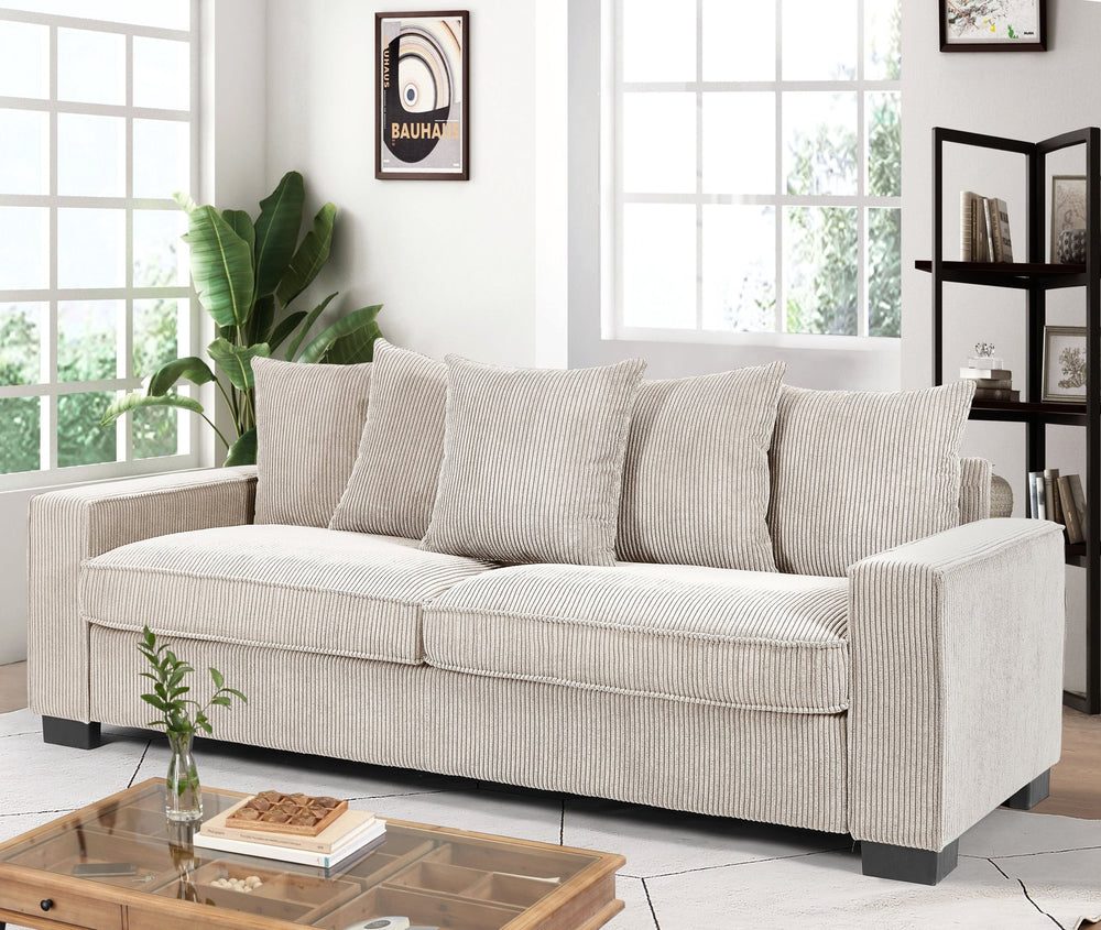 English Elm Luxe Corduroy Sofa with 5 Toss Pillows, Deep-Seat 3-Seater Couch, Sleek Modern Design, 88" Wide Ivory B2735P256728