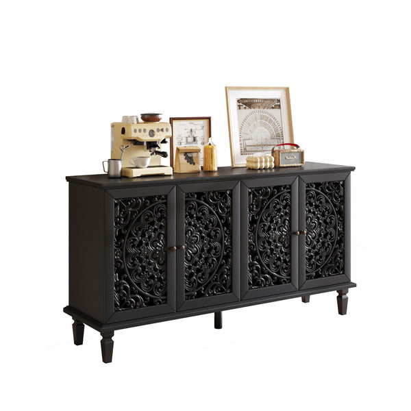 English Elm 60" Hand-Carved Floral Buffet Cabinet with Solid Wood Legs, Brass Handles, Adjustable Shelves, TV Stand Black W1445P321199