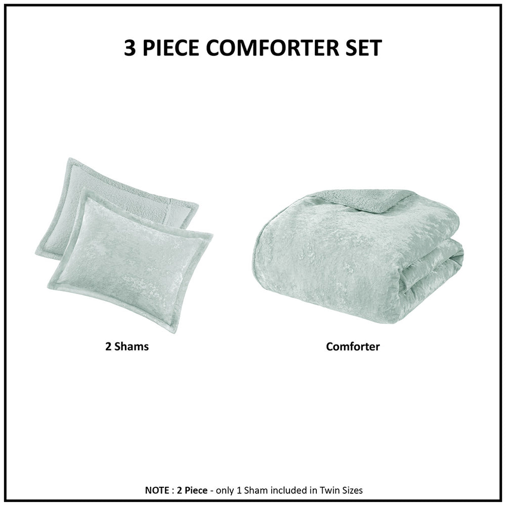 JLA Home Intelligent Design - Crushed Velvet Sherpa Reversible Comforter Set with Hypoallergenic Fill, OEKO-TEX Certified Luxury Aqua ID10-2382