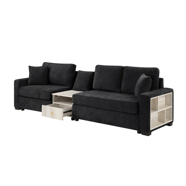 English Elm Modern Chenille Three Seat Sofa with Console Storage Armrest for Living Room Black N763S000060B