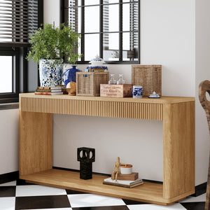 English Elm 60" Modern 2-Drawer Fluted Console Table with Real Wood Veneer, Slim Profile, Sturdy 80lb Capacity, Versatile Entryway Organizer Natural Wood W1435P337640