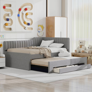 English Elm Full Upholstered Daybed with Trundle and Three Drawers, Linen-Blend Fabric, Space-Saving Guest Bed, Storage-Friendly Design Gray DL002058AAE