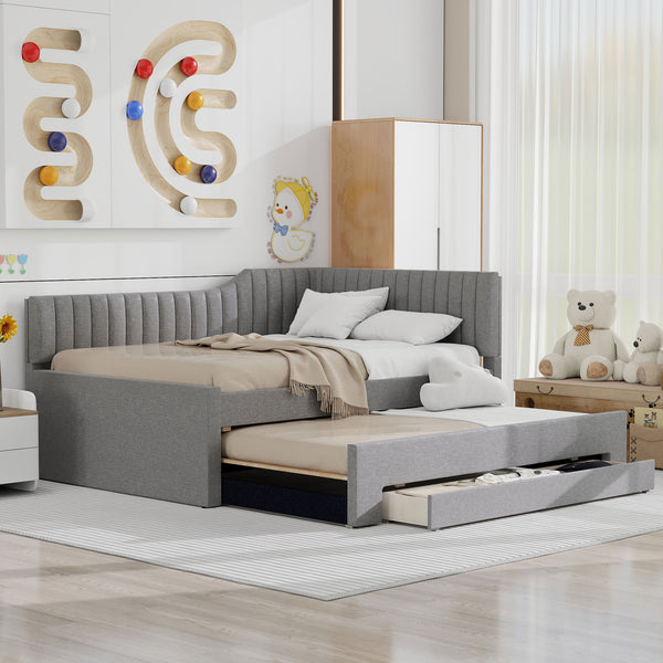 English Elm Full Upholstered Daybed with Trundle and Three Drawers, Linen-Blend Fabric, Space-Saving Guest Bed, Storage-Friendly Design Gray DL002058AAE