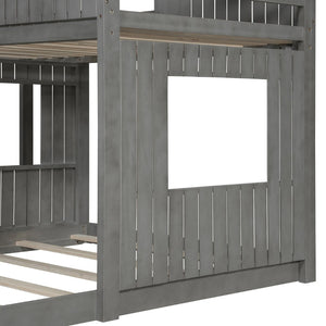 English Elm Wooden Twin Over Full Bunk Bed Farmhouse Playhouse Design with Ladder Guardrails LT000327AAE-1