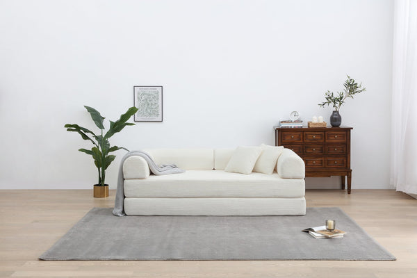 English Elm Convertible 3-Seat Sleeper Sofa Bed Corduroy Folding Floor Couch with Cylindrical Pillow, Plush Support White W3199P309396