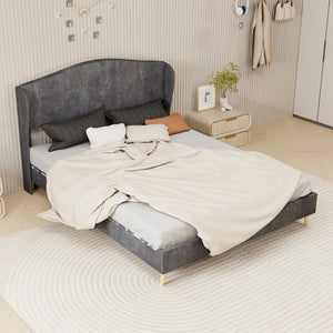 English Elm Velvet Tufted Queen Platform Bed Diamond Headboard for Elegant Master Bedroom Grey W1935P361019