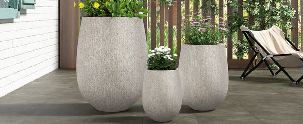 English Elm U_style Set of 3 Egg Shaped Mgo Stone Look Planters with Drainage Patio Garden N711P406659E