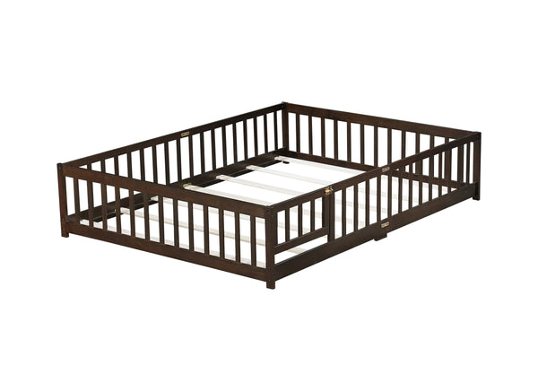English Elm Queen Floor Bed with Safety Fence and Guardrails, Rubberwood Low Profile Platform for Kids Espresso W504P286390