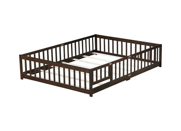 English Elm Queen Rubber Wood Floor Bed with Full Perimeter Safety Fence and Hinged Access Door Espresso W504P429342