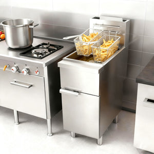 English Elm Commercial Gas Floor Fryer Stainless Steel 120000 Btu Four Tube Burner 50lb Capacity W5057P394295
