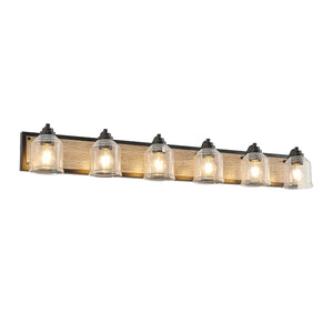 English Elm 49" Farmhouse Vanity Light Fixture - 6-Light Industrial Bathroom Sconce with Clear Seeded Glass Shades, Black Wood Finish W2312P374829